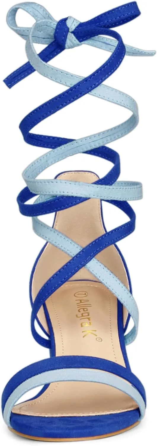 Allegra K Women's Open Toe Color Block Heel Lace Up Sandals