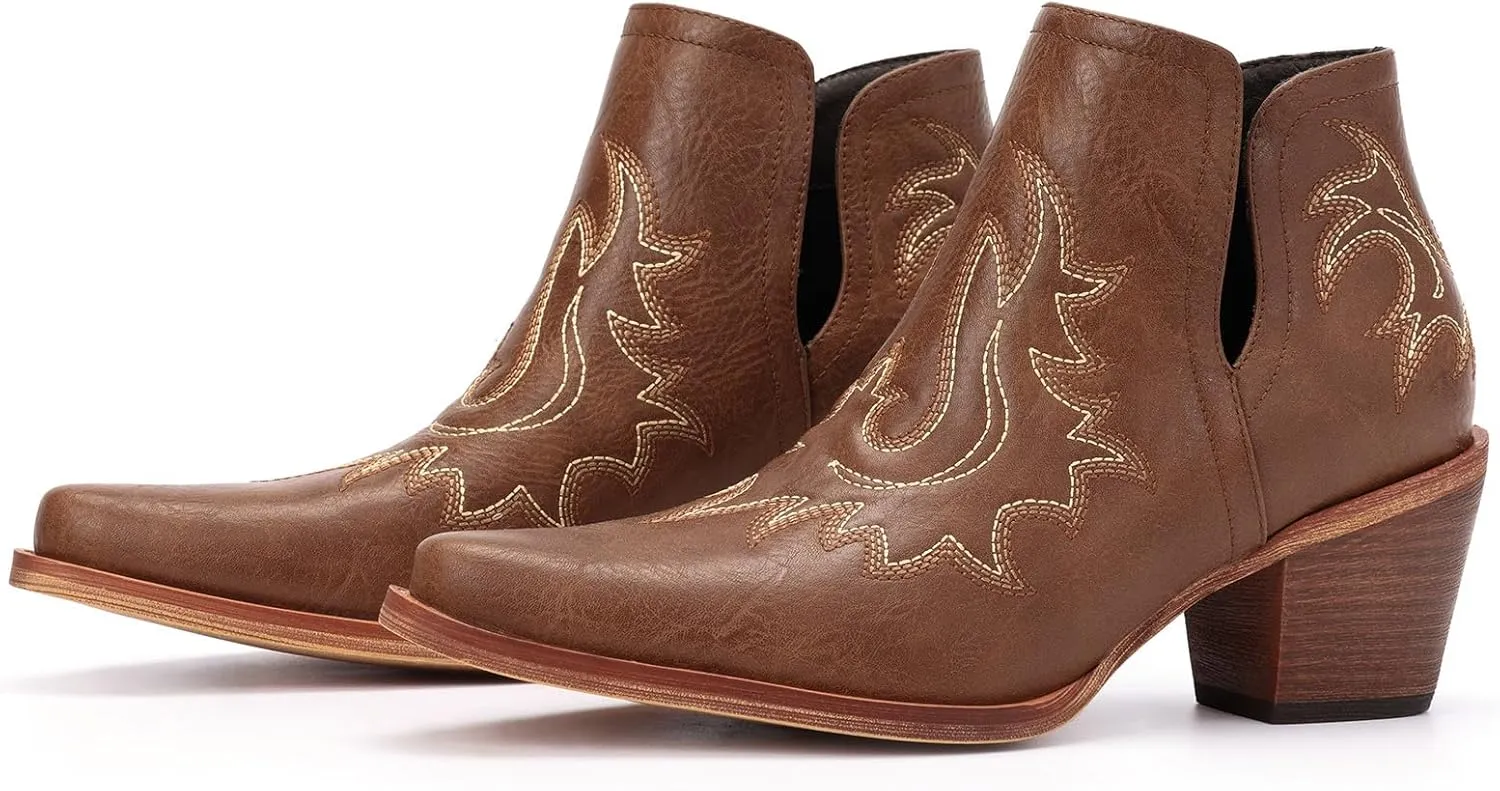 Ankle Cowboy Boots for Women - Cowgirl Booties, Western Short Boots Chunky Heels Pointed Toe(UNDERSIZE: PLEASE SELECT SIZE UP)