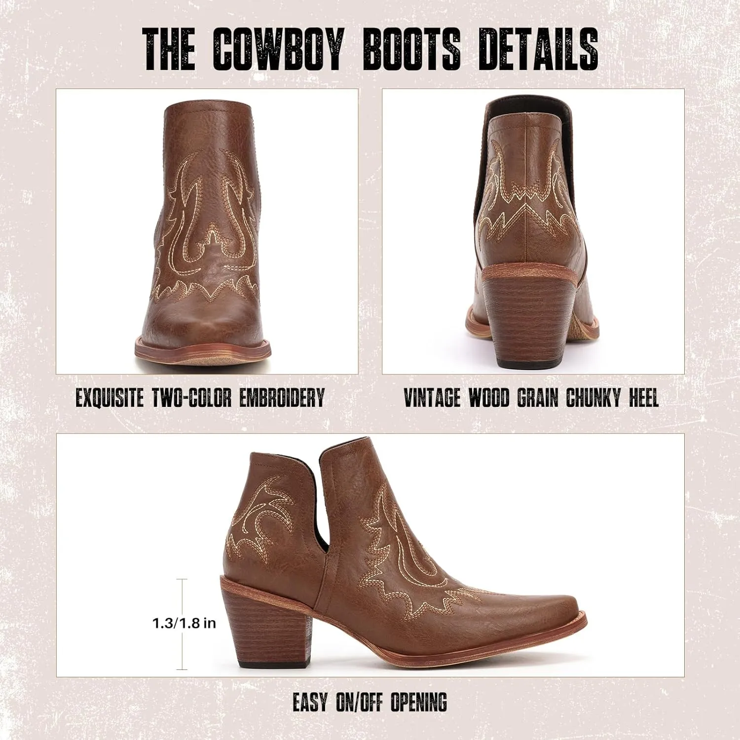 Ankle Cowboy Boots for Women - Cowgirl Booties, Western Short Boots Chunky Heels Pointed Toe(UNDERSIZE: PLEASE SELECT SIZE UP)