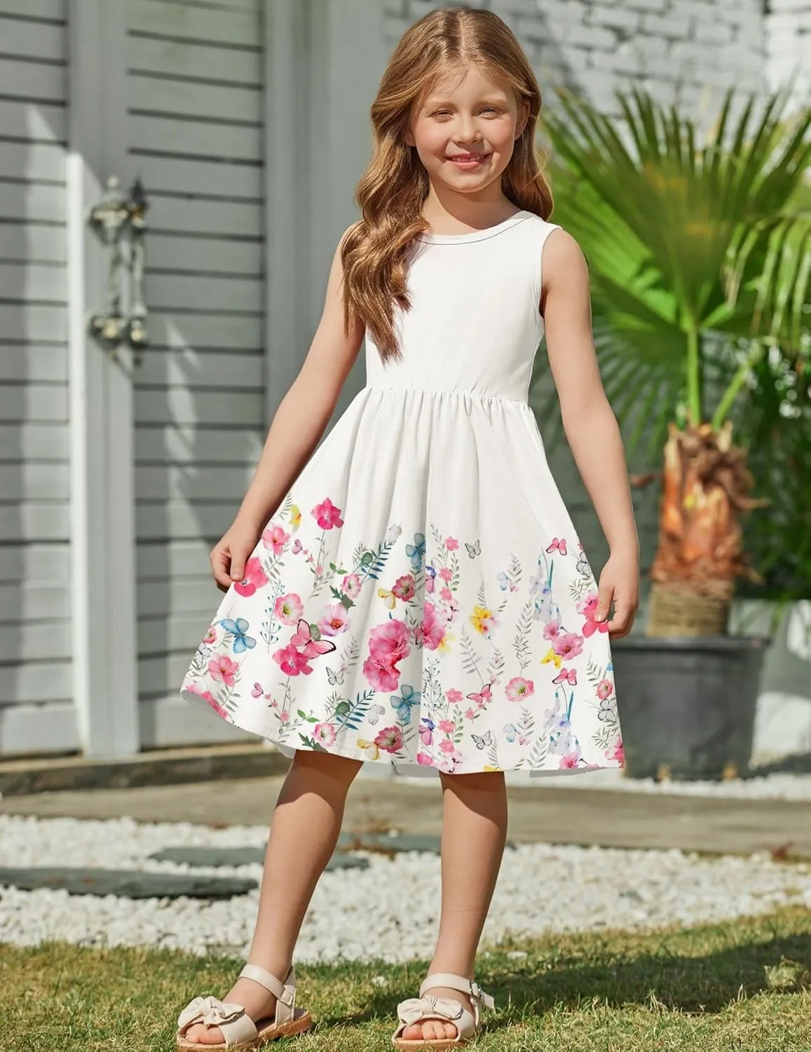 Arshiner Toddler Girls Summer Dress Back Bowknot Sleeveless Twirly Casual Beach Party Sundress with Pockets