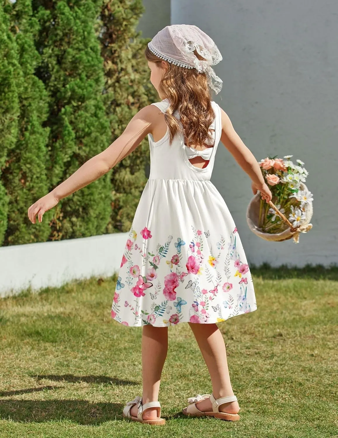 Arshiner Toddler Girls Summer Dress Back Bowknot Sleeveless Twirly Casual Beach Party Sundress with Pockets