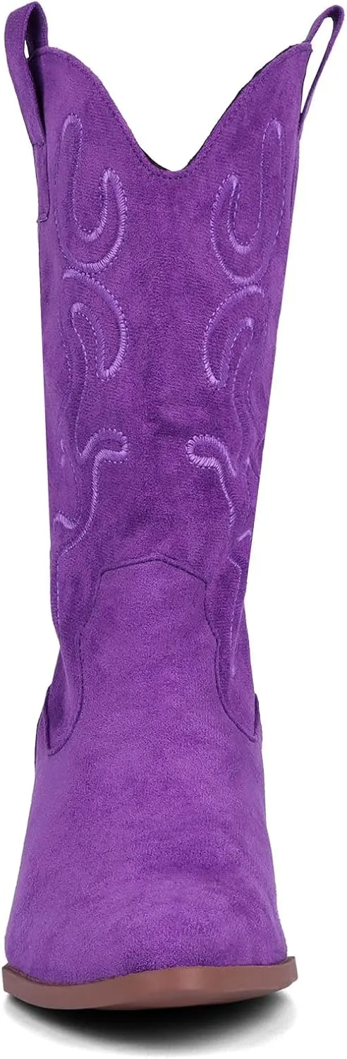 Bandkos Cowboy Boots for Women Cowgirl Mid Calf Western Embroidered Boot Low Chunky Block Heel Fashion Boots