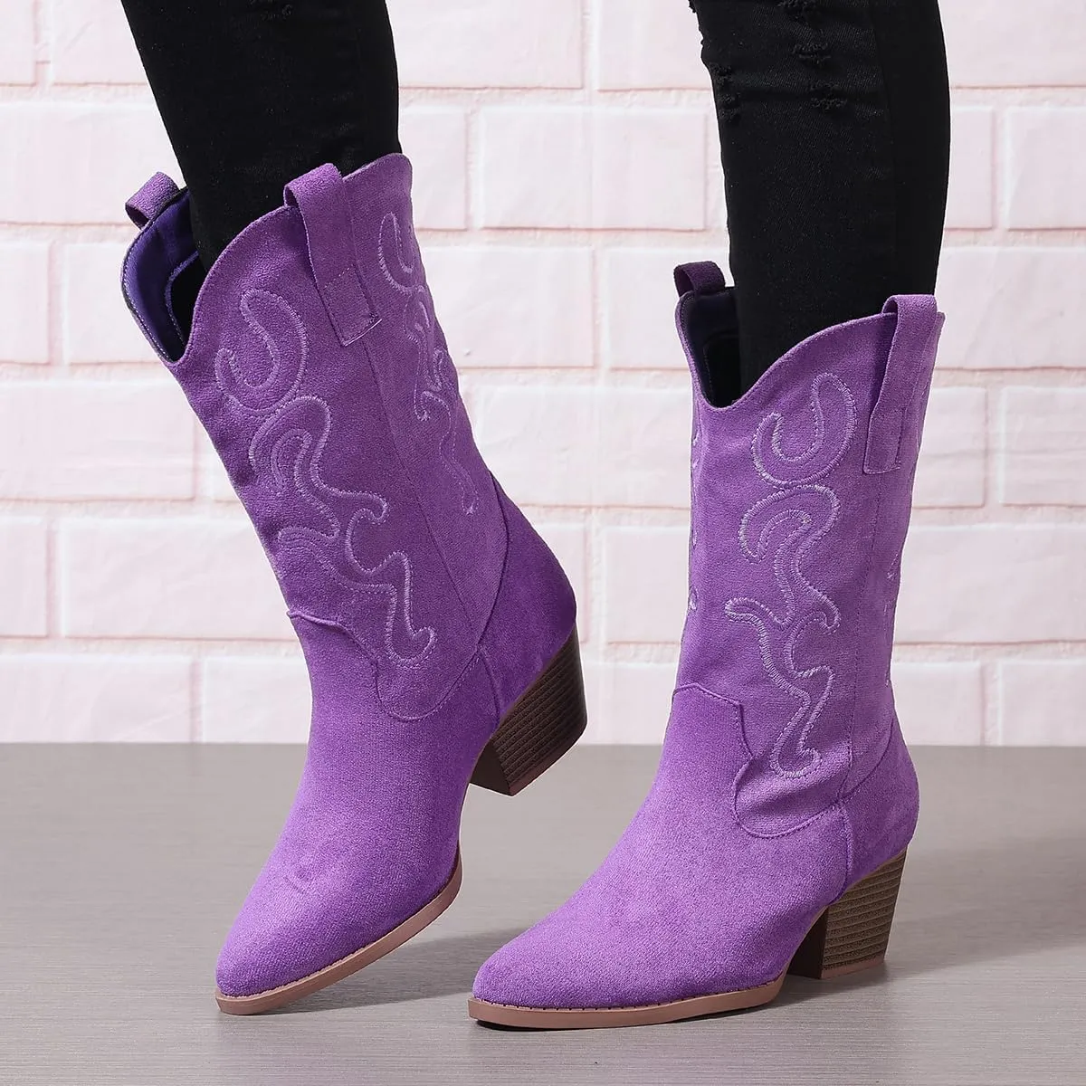 Bandkos Cowboy Boots for Women Cowgirl Mid Calf Western Embroidered Boot Low Chunky Block Heel Fashion Boots