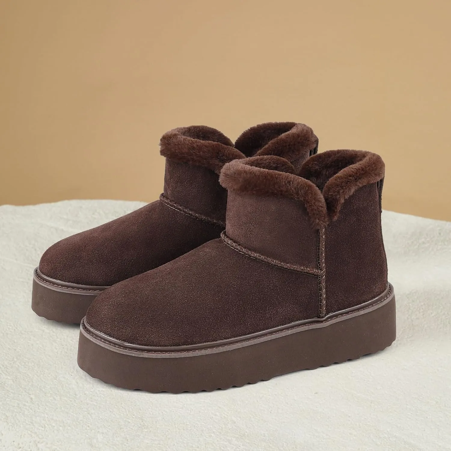 BCTEX COLL Platform Ankle Boots for Women Fur Lining Comfortable Genuine Suede Slip On Winter Warm Snow Mini Boot with Memory Foam Water Resistant