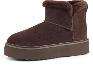 BCTEX COLL Platform Ankle Boots for Women Fur Lining Comfortable Genuine Suede Slip On Winter Warm Snow Mini Boot with Memory Foam Water Resistant