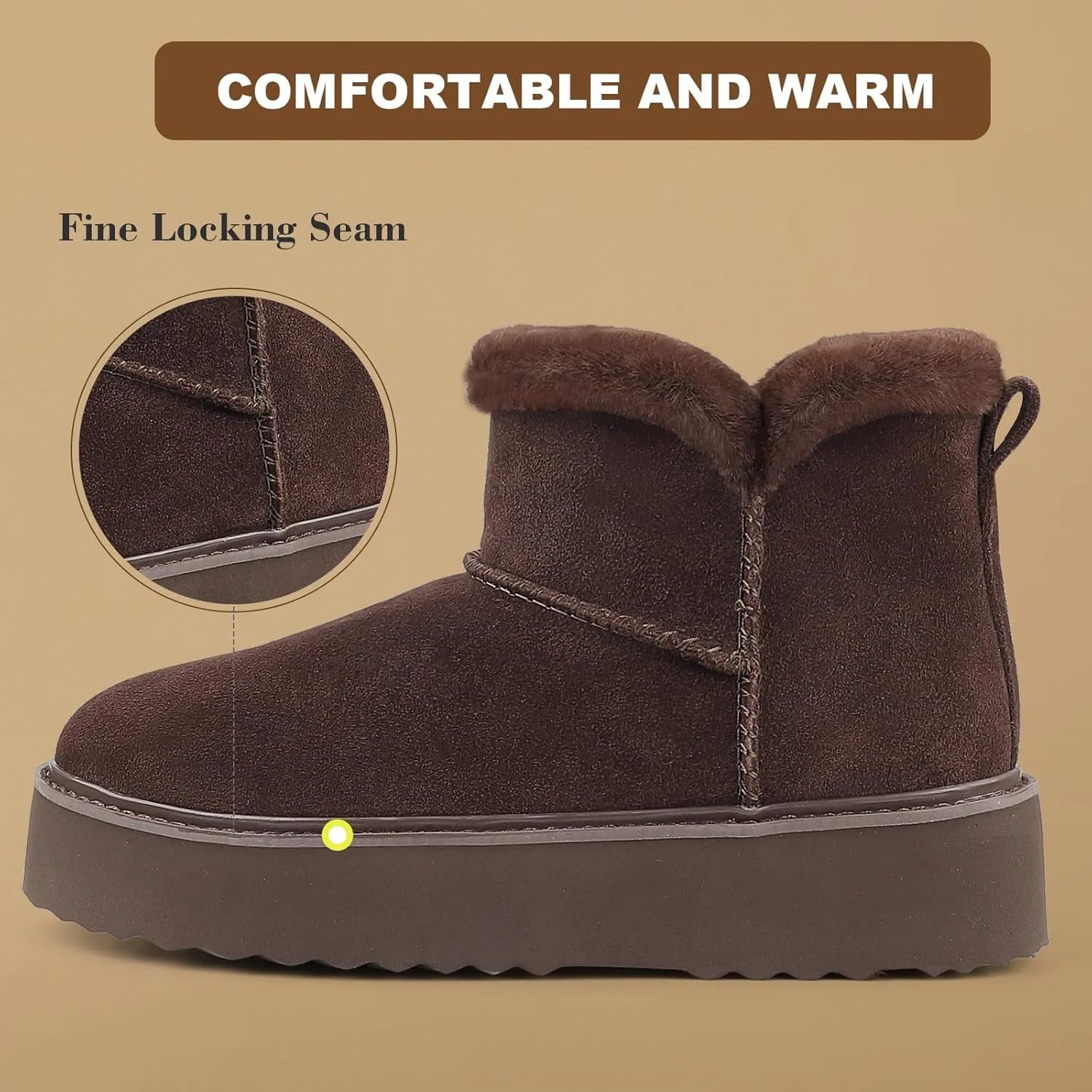 BCTEX COLL Platform Ankle Boots for Women Fur Lining Comfortable Genuine Suede Slip On Winter Warm Snow Mini Boot with Memory Foam Water Resistant