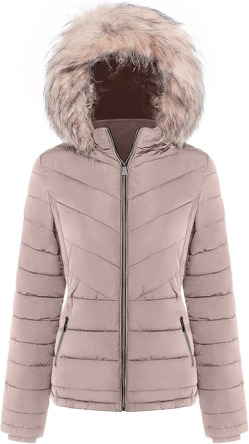 BodiLove Women's Belted Down Puffer Jacket with Faux Fur Trim HoodÉ