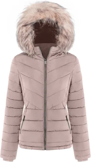 BodiLove Women's Belted Down Puffer Jacket with Faux Fur Trim HoodÉ