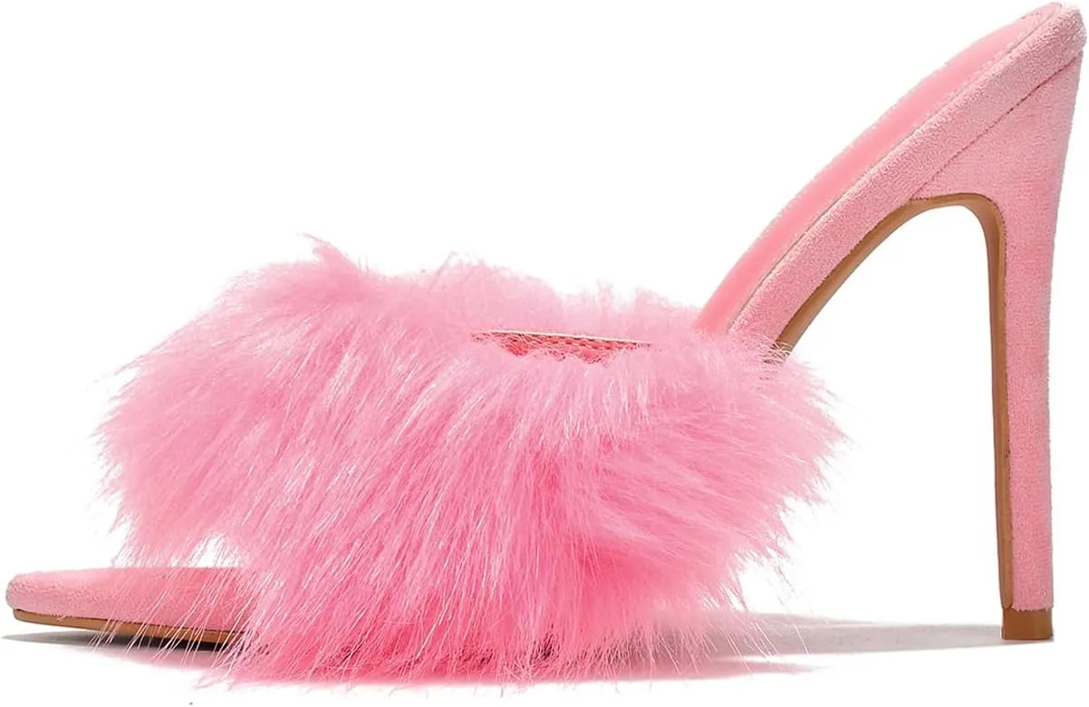 Cape Robbin Fuji Faux Fur Open Pointy Toe Stiletto Mule Heel Sandal-Open Peep Toe Slip on Stiletto High Heels Sandals for women