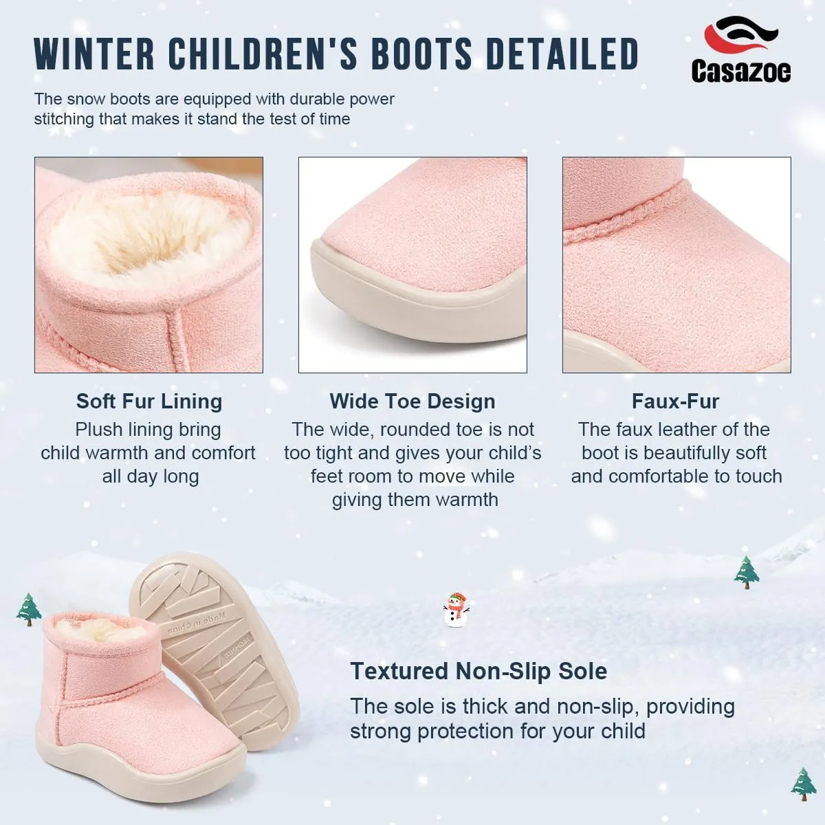Casazoe Boys Girls Warm Winter Boots Fur Lined Snow Boots Outdoor Soft Winter Ankle Shoes for Toddler/Little Kid