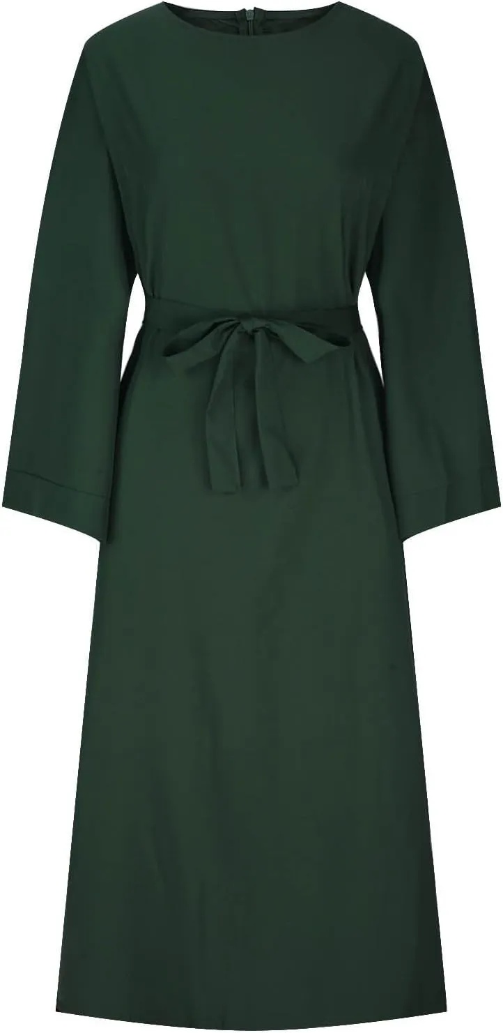 Casual Dresses for Women Plus Size Long Sleeve Tie Waist Pleated Maxi Dress Oversized Solid Crewneck Loose Dresses