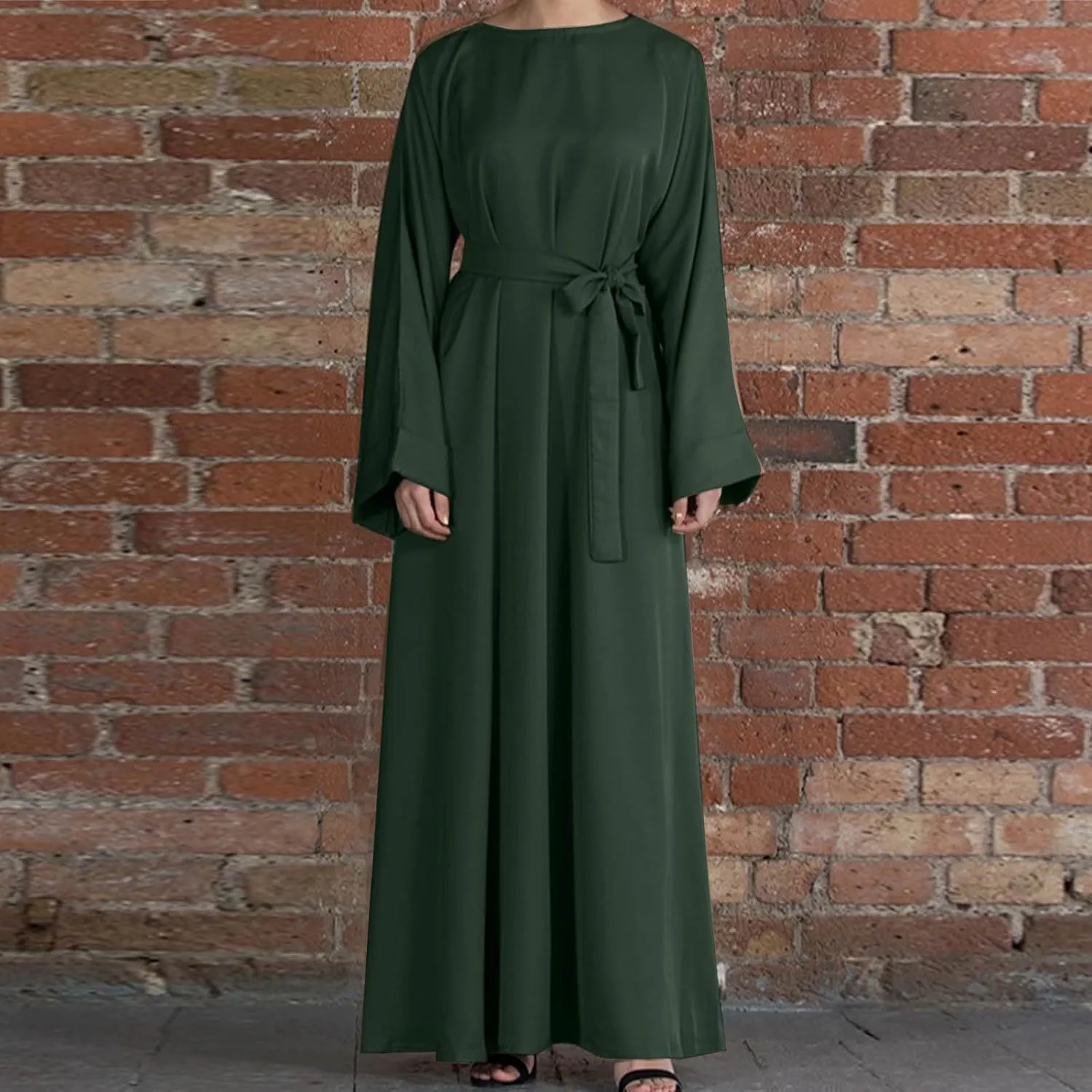 Casual Dresses for Women Plus Size Long Sleeve Tie Waist Pleated Maxi Dress Oversized Solid Crewneck Loose Dresses