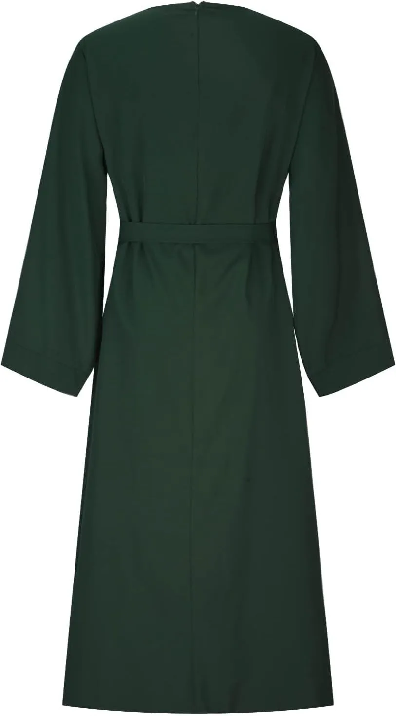 Casual Dresses for Women Plus Size Long Sleeve Tie Waist Pleated Maxi Dress Oversized Solid Crewneck Loose Dresses