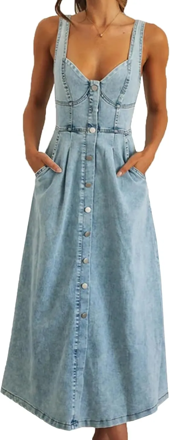 cffvdiz Women's Sexy Strap Maxi Denim Dress Summer Sleeveless Halter Bodycon Maxi Dresses