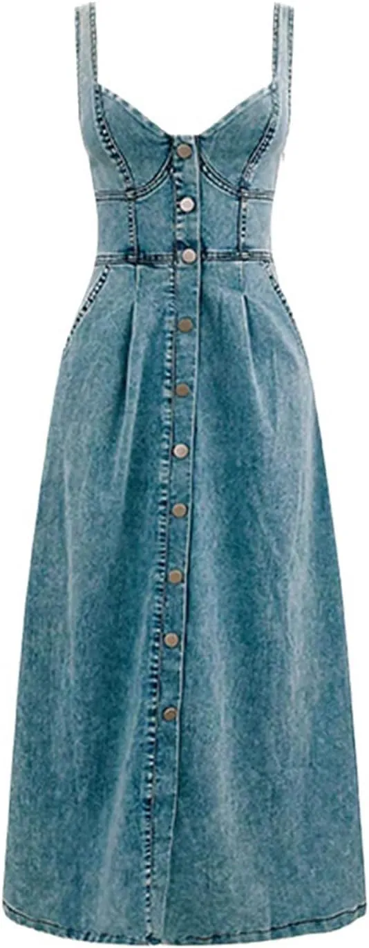 cffvdiz Women's Sexy Strap Maxi Denim Dress Summer Sleeveless Halter Bodycon Maxi Dresses