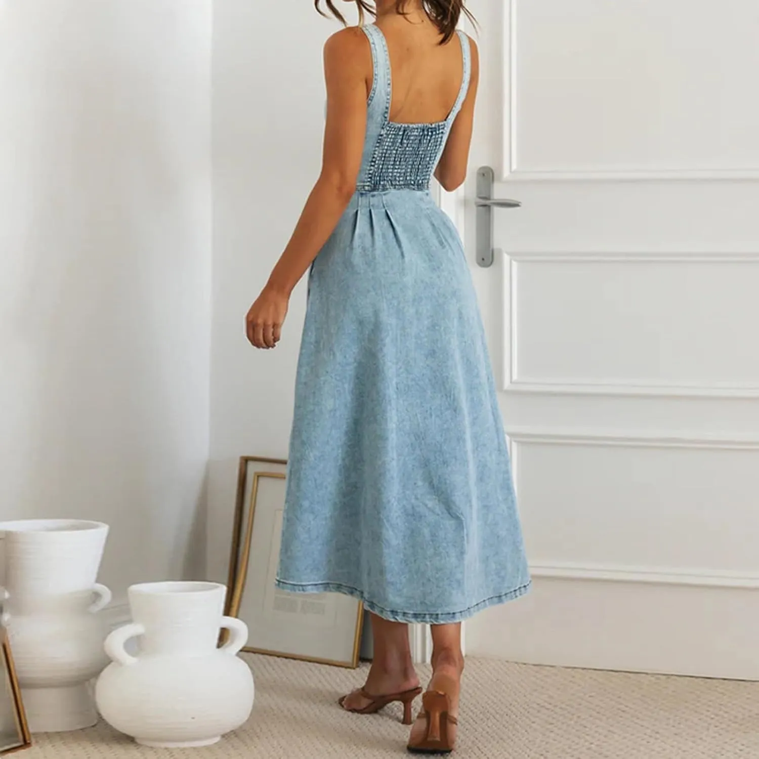 cffvdiz Women's Sexy Strap Maxi Denim Dress Summer Sleeveless Halter Bodycon Maxi Dresses