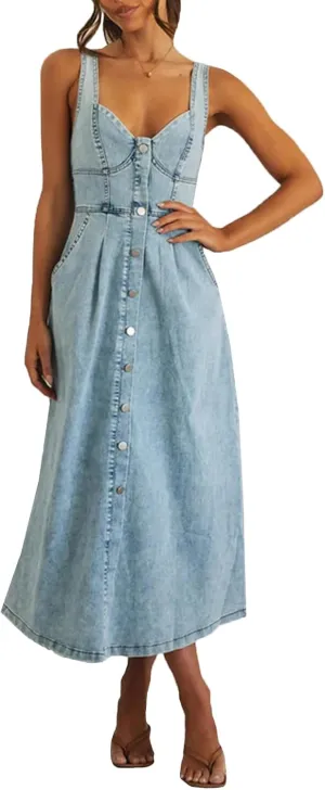cffvdiz Women's Sexy Strap Maxi Denim Dress Summer Sleeveless Halter Bodycon Maxi Dresses