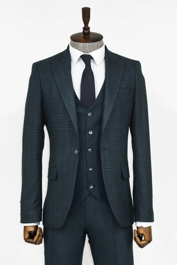 Checked Slim Fit Green Men Suit - Wessi