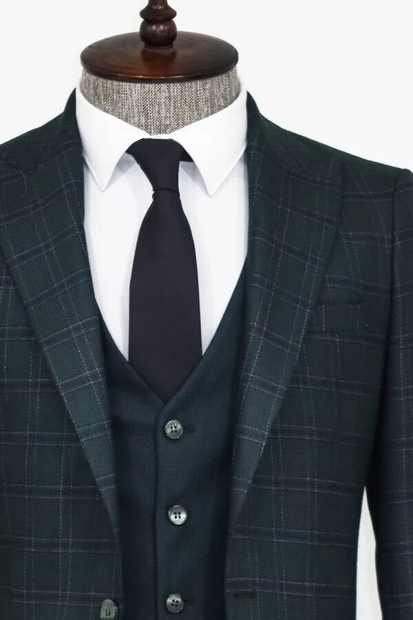 Checked Slim Fit Green Men Suit - Wessi