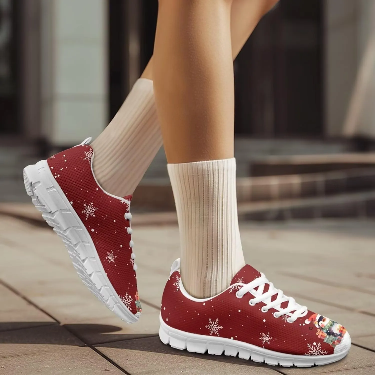 Christmas Women's Sneakers Soft Lace-Up Workout Tennis Sneakers for Womens Low-Top Anti-Skid Lightweight Outdoor Exercise Walking Shoes for Ladies US 5-12