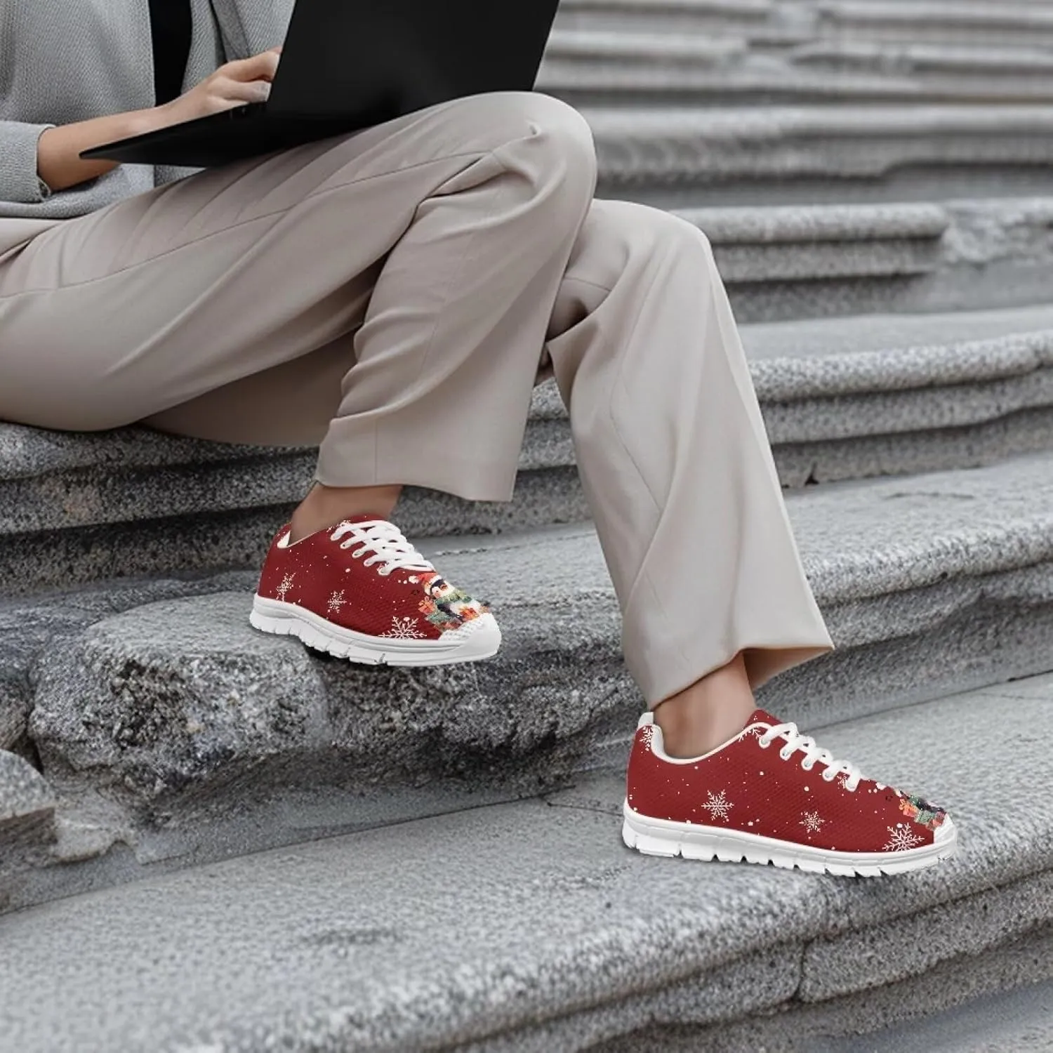 Christmas Women's Sneakers Soft Lace-Up Workout Tennis Sneakers for Womens Low-Top Anti-Skid Lightweight Outdoor Exercise Walking Shoes for Ladies US 5-12