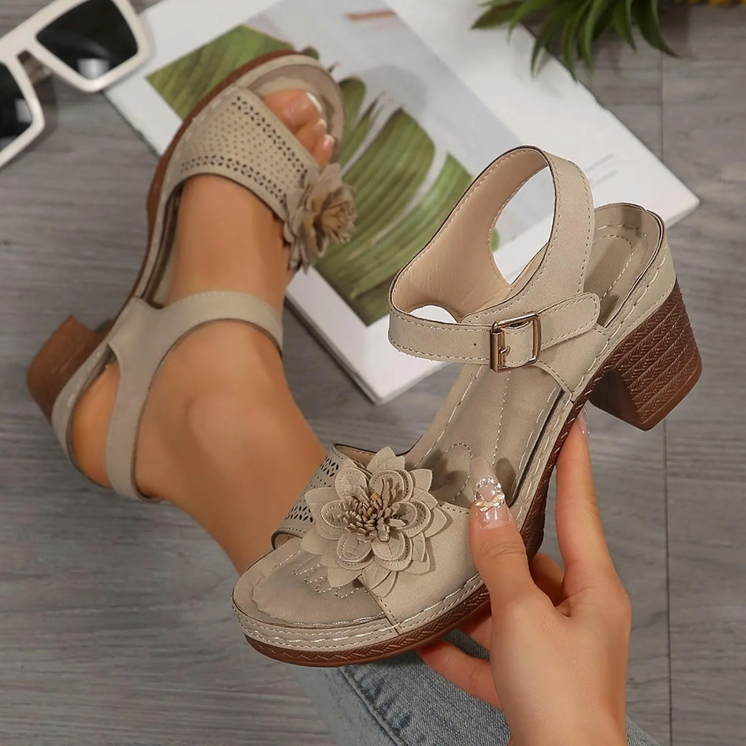 Chunky Heel Platforms for Women Arch Support Ankle Buckle Open Toe Flower Hollow Out Dress Party Wedding Sandals