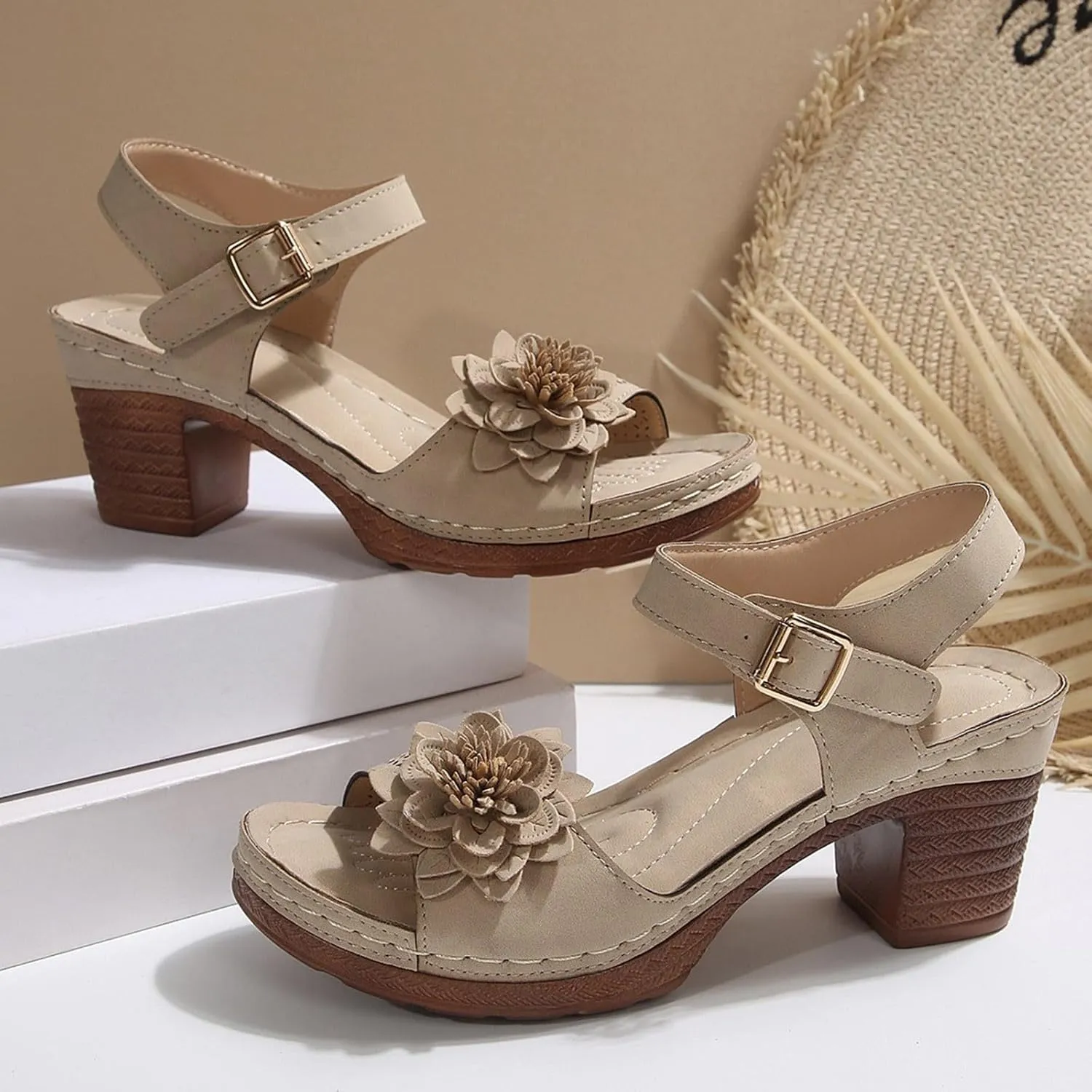Chunky Heel Platforms for Women Arch Support Ankle Buckle Open Toe Flower Hollow Out Dress Party Wedding Sandals