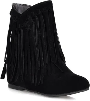 CROSSBABY Womens Fringe Western Boots Fashion Hidden Heel Knee-high Boots，Suede Western Tassel Cowboys Ankle Boots