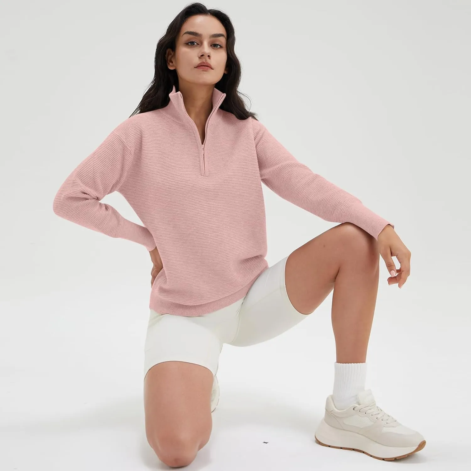 DEEP SELF Fall Women V Neck 1/4 Zip Pullover Stretch Sweater Long Sleeve Stand Collared Ribbed Knitted Solid Sweaters