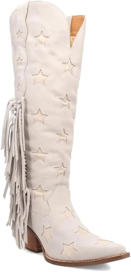 Dingo Womens Super Star Fringe Tooled Inlay Snip Toe Casual Boots Over the Knee Mid Heel 2-3" - Off White