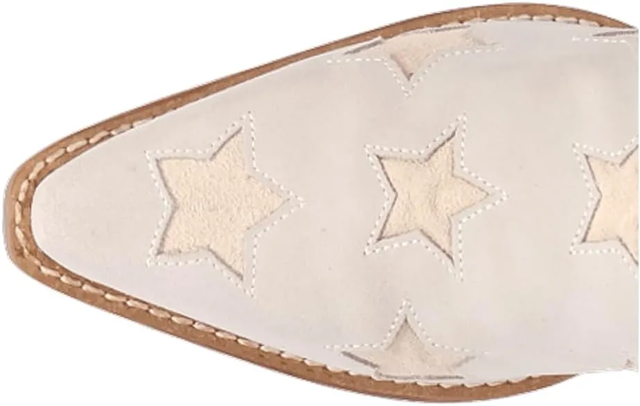 Dingo Womens Super Star Fringe Tooled Inlay Snip Toe Casual Boots Over the Knee Mid Heel 2-3" - Off White