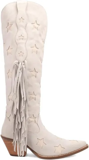 Dingo Womens Super Star Fringe Tooled Inlay Snip Toe Casual Boots Over the Knee Mid Heel 2-3" - Off White