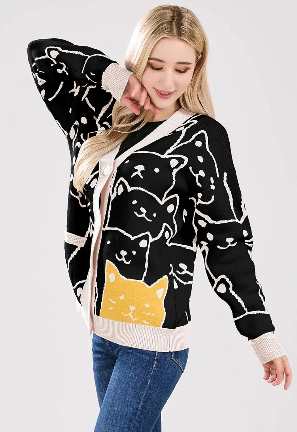ebossy Women's Kawaii Cartoon Cat Cardigan Japanese Aesthetic Button Down Jacquard Knit Sweater Coat
