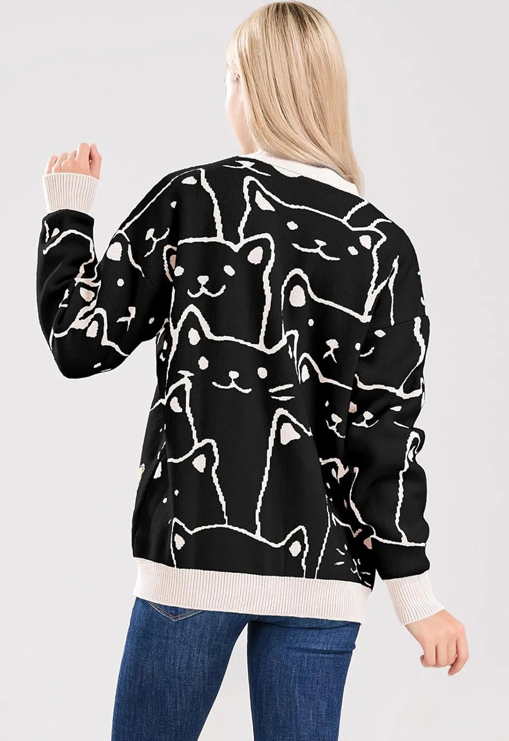ebossy Women's Kawaii Cartoon Cat Cardigan Japanese Aesthetic Button Down Jacquard Knit Sweater Coat
