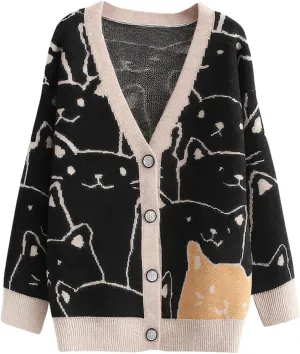 ebossy Women's Kawaii Cartoon Cat Cardigan Japanese Aesthetic Button Down Jacquard Knit Sweater Coat