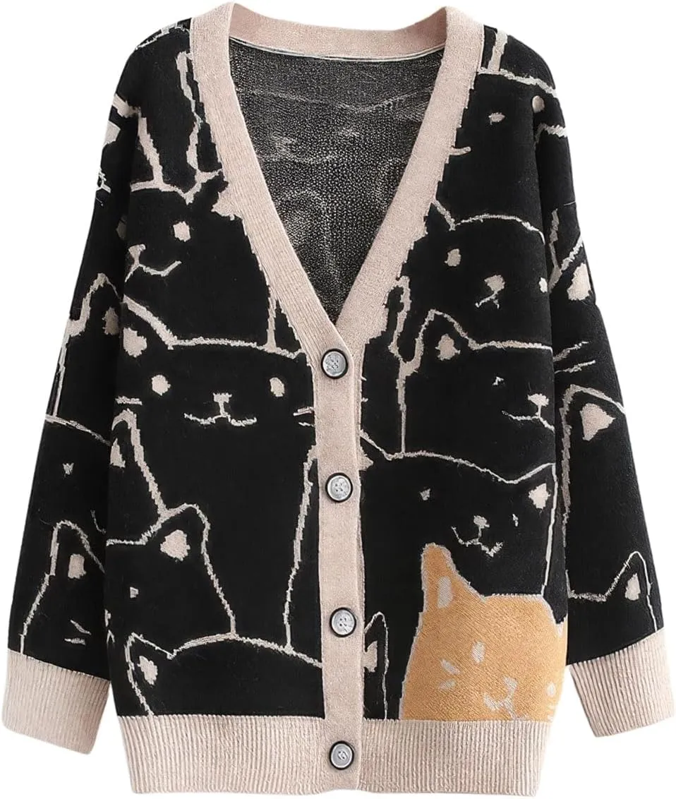 ebossy Women's Kawaii Cartoon Cat Cardigan Japanese Aesthetic Button Down Jacquard Knit Sweater Coat