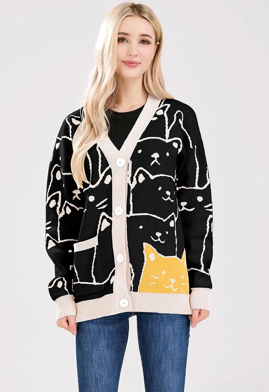 ebossy Women's Kawaii Cartoon Cat Cardigan Japanese Aesthetic Button Down Jacquard Knit Sweater Coat