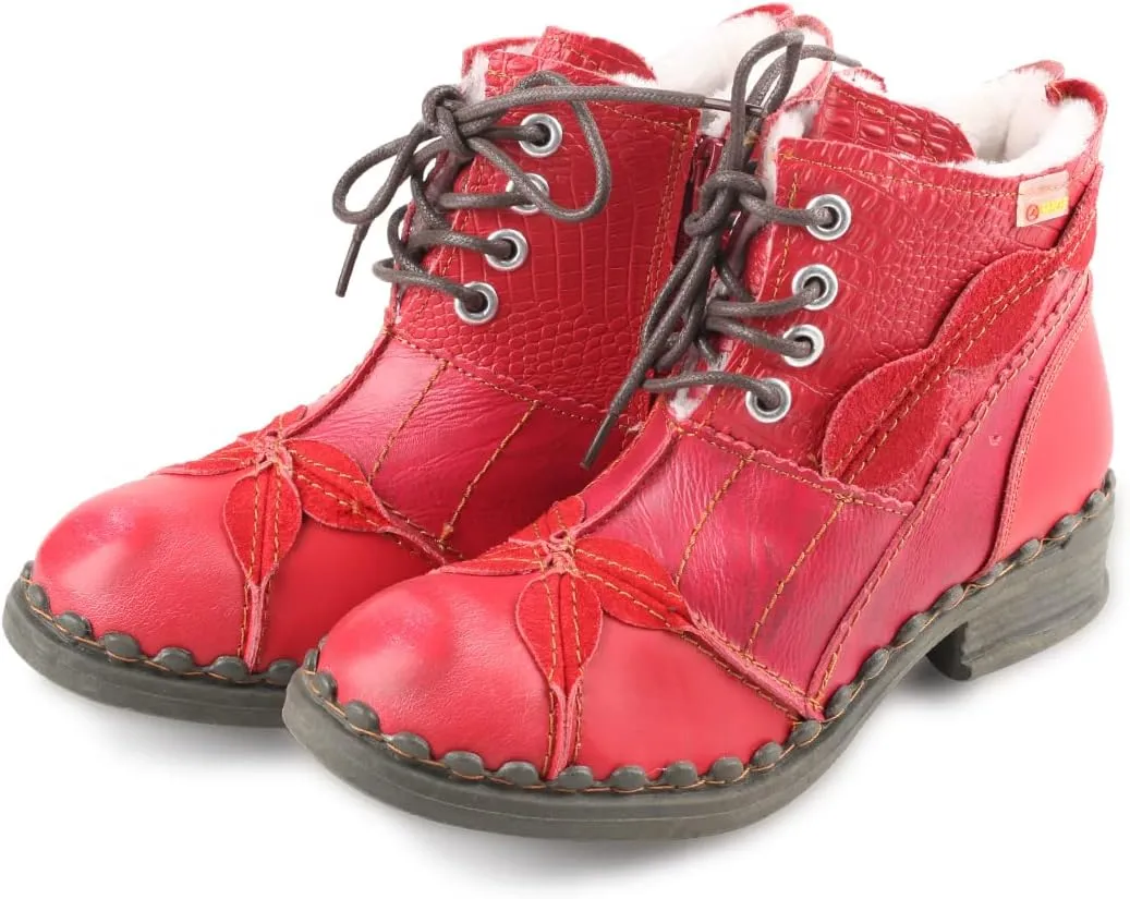 Faux Fur Lining Snow Boots Patchwork Washed Leather Shoes Lace-up Women's Ankle Boots