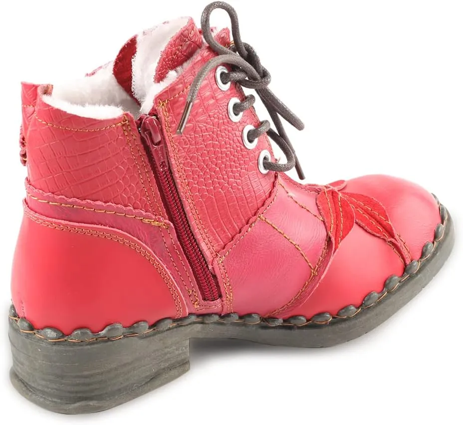 Faux Fur Lining Snow Boots Patchwork Washed Leather Shoes Lace-up Women's Ankle Boots