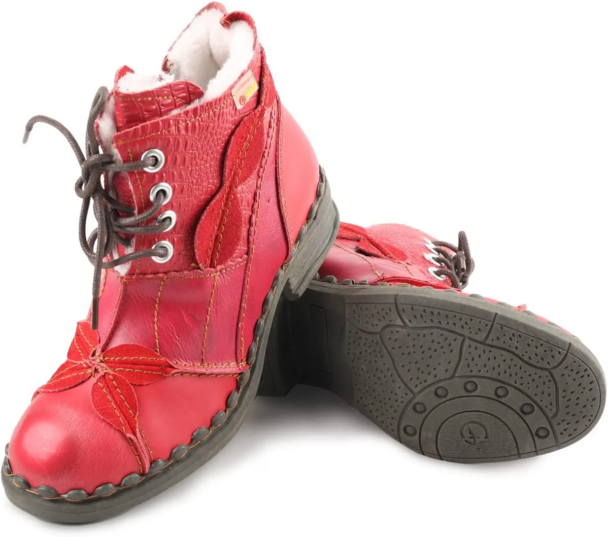 Faux Fur Lining Snow Boots Patchwork Washed Leather Shoes Lace-up Women's Ankle Boots