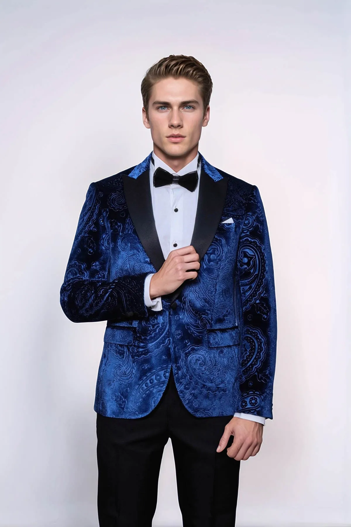 Floral Patterned Velvet Navy Blue Men Prom Blazer - Wessi