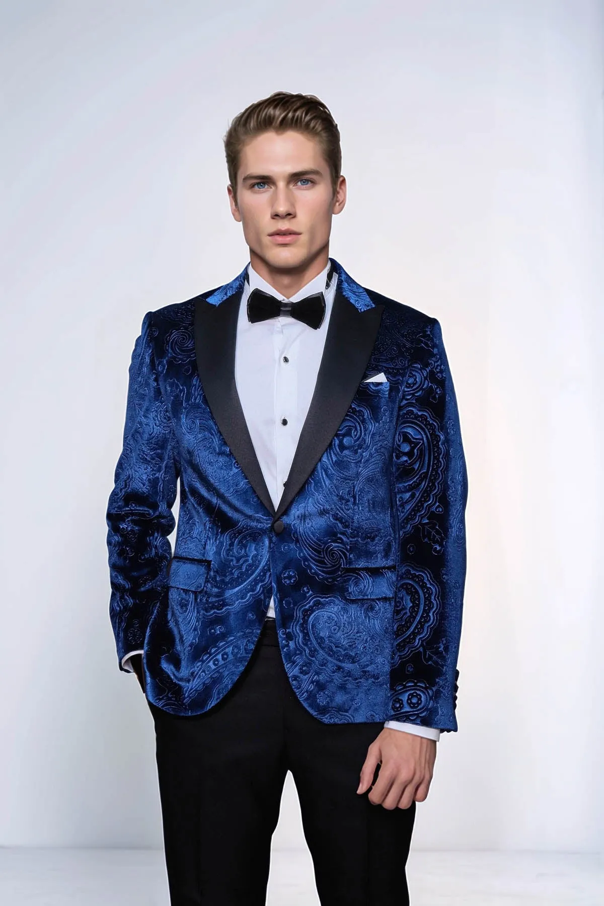 Floral Patterned Velvet Navy Blue Men Prom Blazer - Wessi