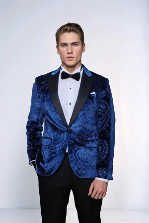 Floral Patterned Velvet Navy Blue Men Prom Blazer - Wessi