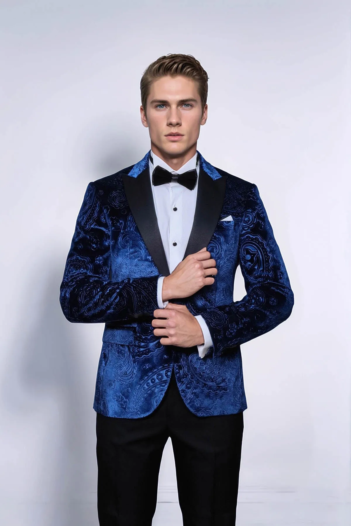 Floral Patterned Velvet Navy Blue Men Prom Blazer - Wessi