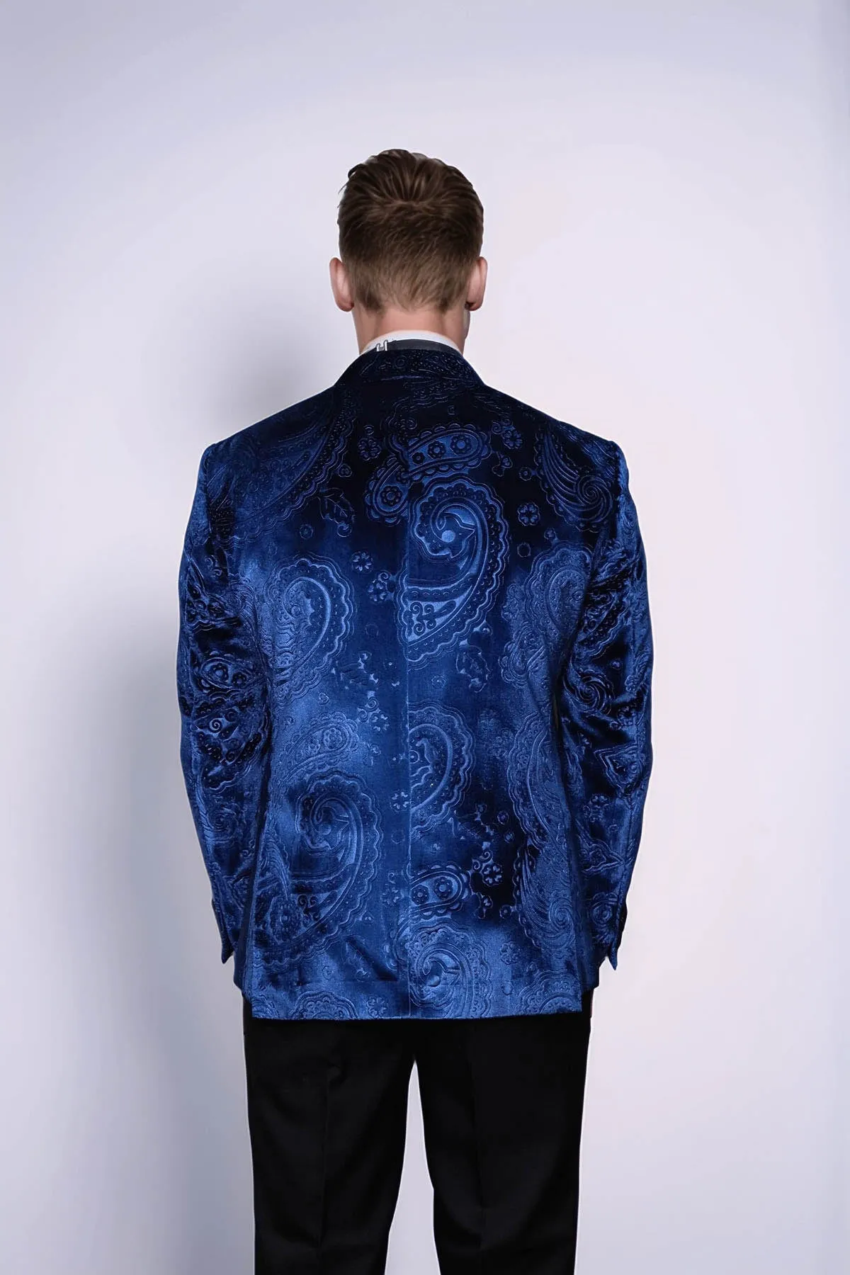 Floral Patterned Velvet Navy Blue Men Prom Blazer - Wessi