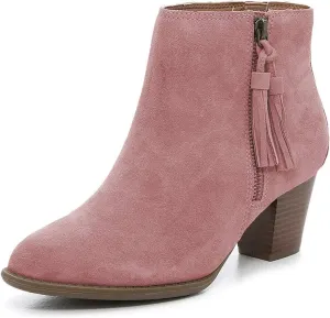 FOWT Classic Women Round Toe Mid Chunky Heel Ankle Boots Winter Solid Color Faux Suede Short Booties Tassel Side Zipper Slip on Shoes for Cowgirl Dress Jeans Size 4-15 M US
