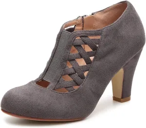 FOWT Women Retro Cutout Ankle Boots Slip On Pumps Round Toe Chunky Block Thick Mid Heel Short Booties Elastic Strappy Suede Side Zipper Shoes for Ladies Girls Dress Jeans Party Full Size 4-15 M US