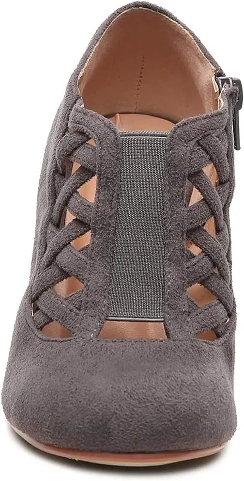 FOWT Women Retro Cutout Ankle Boots Slip On Pumps Round Toe Chunky Block Thick Mid Heel Short Booties Elastic Strappy Suede Side Zipper Shoes for Ladies Girls Dress Jeans Party Full Size 4-15 M US