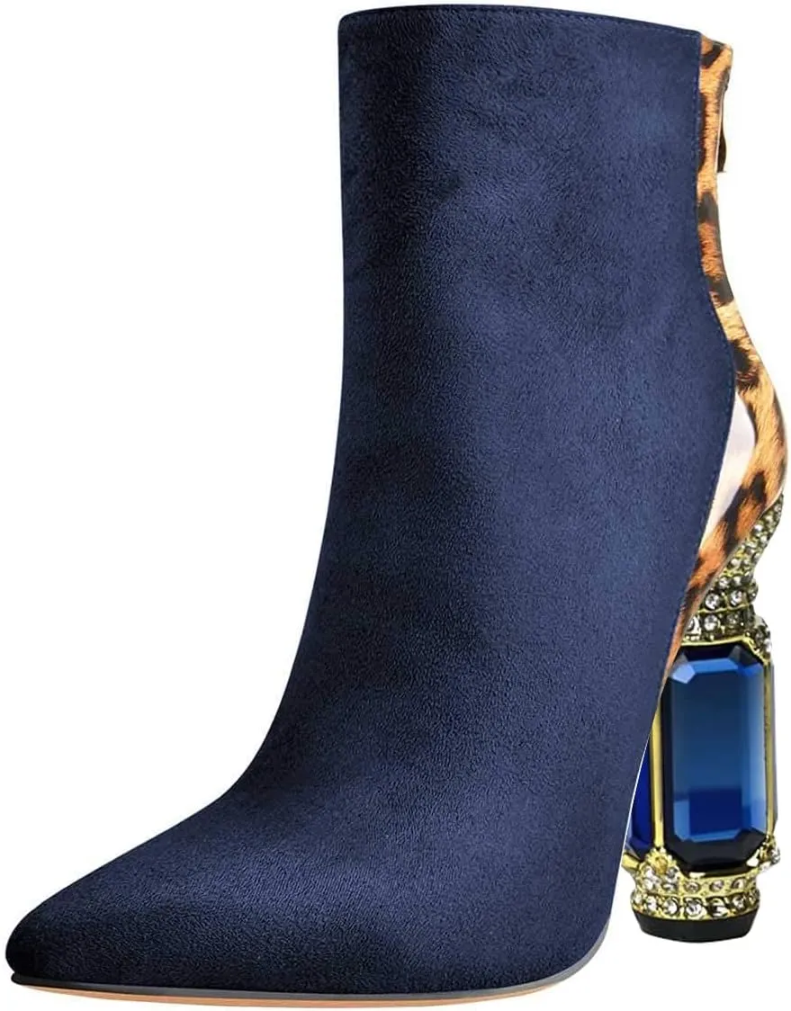 FSJ Women Fashion Ankle Boots Crystal Chunky High Heel Pointed Toe Side Zipper Comfort Dress Short Booties Size 4-15 US