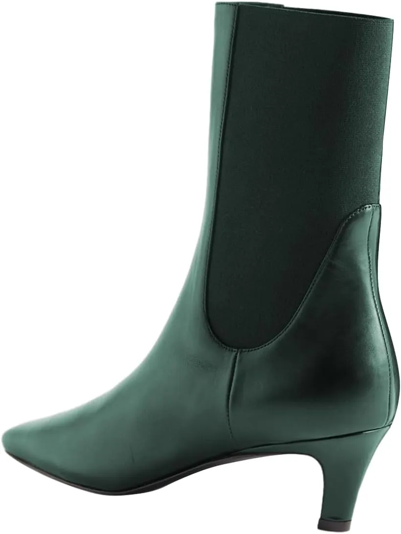 FSJ Women Square Toe Ankle Boot Kitten Low Heel Slip On Western Elastic Chelsea Bootie Vegan Leather Walking Dress Shoes Size 4-16 US